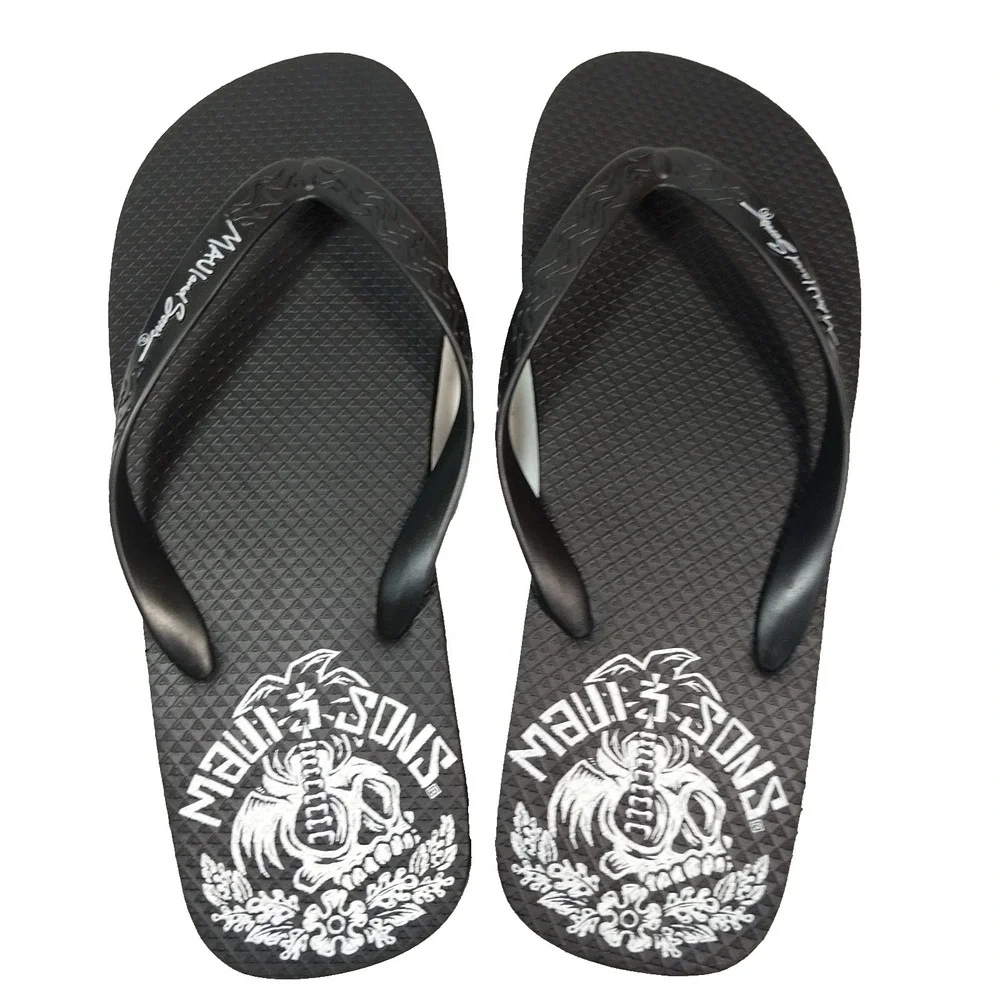 Maui & Sons Surf Wear Men Size 10 Black Skulls Flip Flops Sandals Thongs